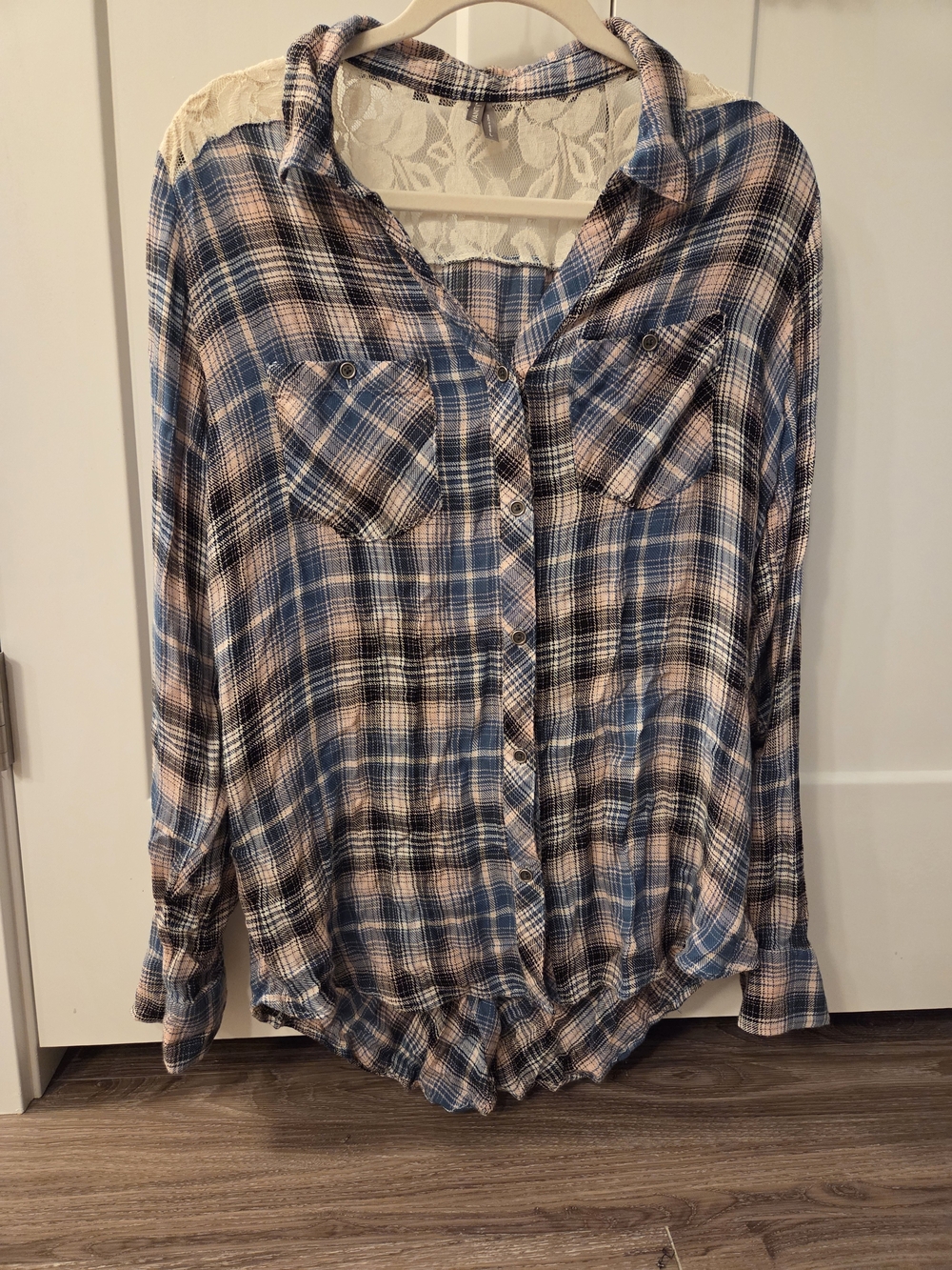 Vanity Light Pink, Blue, & Black Plaid Pattern Button-Up Shirt with Lace Back